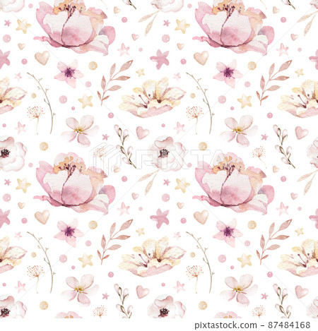 Collection cute birds in vintage watercolor style. spring illustration with colorful flowers on branches tree. 87484168