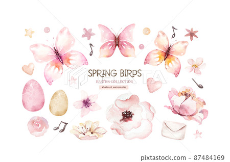 Collection cute birds in vintage watercolor style. spring illustration with colorful flowers on branches tree. Collection cute birds in vintage watercolor style. spring illustration with colorful flowers on branches tree. 87484169