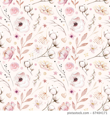 Watercolor seamless pattern birds, flower, feather, butterfly, blossom flolar style. spring illustration with colorful flowers on branches tree. Watercolor seamless pattern birds, flower, feather, butterfly, blossom flolar style. spring illustration with colorful flowers on branches tree. 87484171