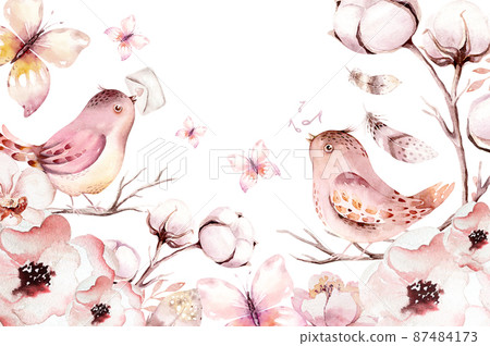 Collection cute birds in vintage watercolor style. spring illustration with colorful flowers on branches tree. Collection cute birds in vintage watercolor style. spring illustration with colorful flowers on branches tree. 87484173