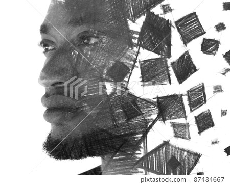 Paintography. A portrait of a male model combined with an ink painting. Paintography. A portrait of a male model combined with an ink painting. 87484667