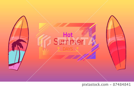 Hot Summer Days Poster with Cool Bright Surfboard Hot Summer Days Poster with Cool Bright Surfboard 87484841