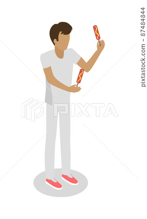 Young Boy Isolated Holding Two Hot Dogs on Sticks 87484844