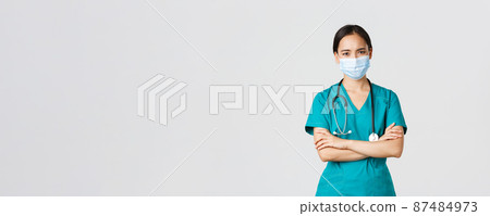 Covid-19, coronavirus disease, healthcare workers concept. Concerned and worried serious-looking asian female doctor inform patient bad results, wear medical mask and scrubs, look disappointed Covid-19, coronavirus disease, healthcare workers concept. Concerned and worried serious-looking asian female doctor inform patient bad results, wear medical mask and scrubs, look disappointed 87484973