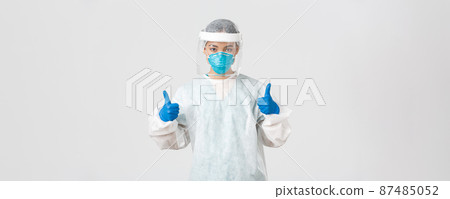 Covid-19, coronavirus disease, healthcare workers concept. Confident serious-looking asian female doctor working in contagious zones in personal protective equipment, show thumbs-up Covid-19, coronavirus disease, healthcare workers concept. Confident serious-looking asian female doctor working in contagious zones in personal protective equipment, show thumbs-up 87485052