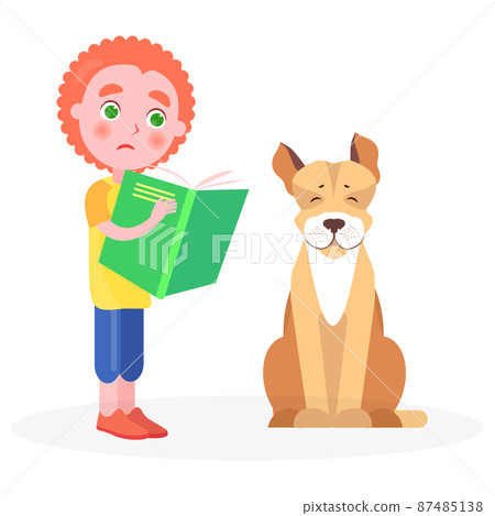 Distressed Curly Boy Stands with Book and Dog Distressed Curly Boy Stands with Book and Dog 87485138