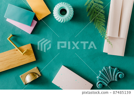 Interior design material board 3D rendering Interior design material board 3D rendering 87485139