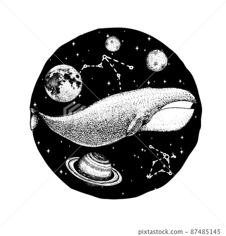 Blue whale and planets in solar system. Astronomical galaxy space. Explore adventure. Engraved hand Blue whale and planets in solar system. Astronomical galaxy space. Explore adventure. Engraved hand 87485145