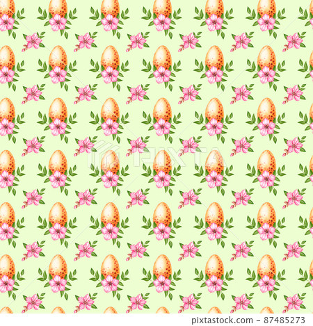 Watercolor pattern with Easter eggs and flowers 87485273