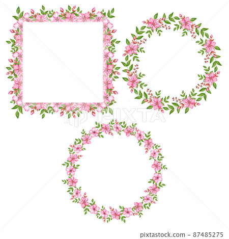 Watercolor cherry blossom wreaths on white background Watercolor cherry blossom wreaths on white background 87485275