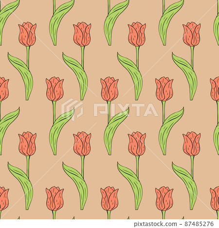 Vintage seamless pattern with pink tulips flowers and leaves on beige Vintage seamless pattern with pink tulips flowers and leaves on beige 87485276