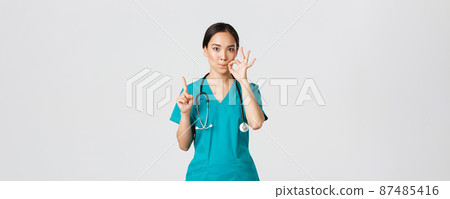 Covid-19, healthcare workers, pandemic concept. Serious-looking worried asian female nurse, physician asking keep secret, shaking finger and showing mouth seal, zipping lips gesture 87485416
