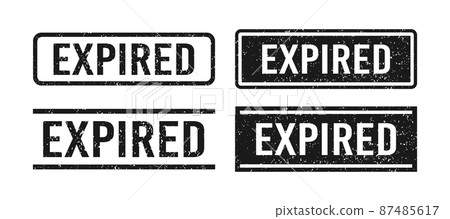 Black grunge expired rubber stamps. Expiration date stamps. Grunge vintage square labels. Set of vector illustrations isolated on white background 87485617