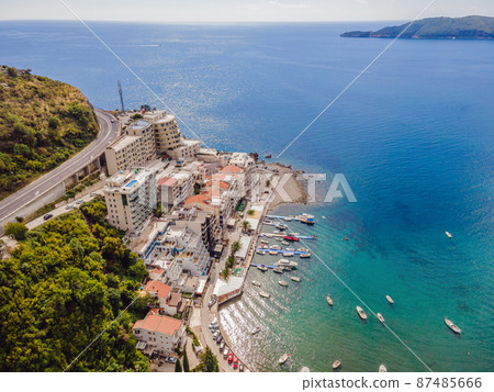 Aerophotography. View from flying drone. Panoramic cityscape of becici, Budva, Montenegro. Top View. Beautiful destinations 87485666