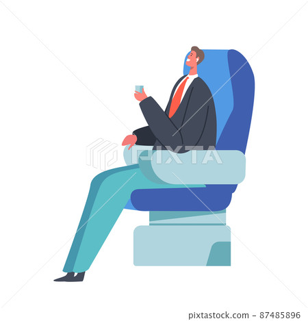 Young Business Man Sit in Comfortable Airplane Seat and Drinking Beverage. Businessman Passenger Travel by Plane 87485896