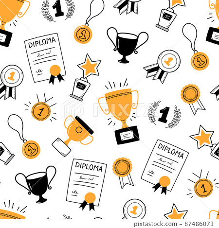 Seamless pattern with awards, trophy cups and first place medals. Winner concept. Doodle gold medal and champion trophy cup. Hand drawn award icons. Vector illustration on white background 87486071