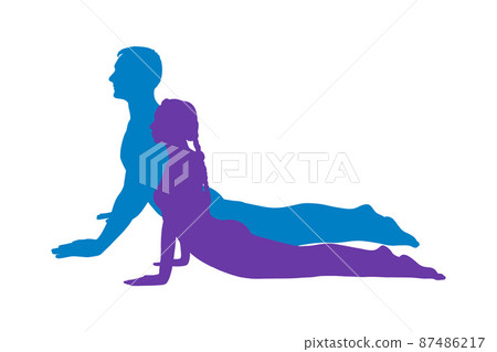 Yoga cobra pose or bhujangasana. Woman and man practicing strengthing yoga pose. Vector illustration Yoga cobra pose or bhujangasana. Woman and man practicing strengthing yoga pose. Vector illustration 87486217
