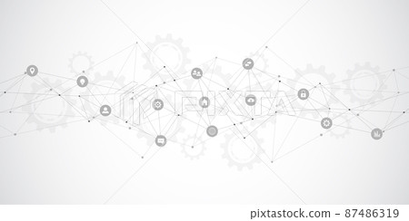 Information technology background with infographic elements and flat icons. Digital technology, network connection and communication concept. Vector illustration. 87486319