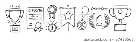 Awards, trophy cups, first place medals and diploma set. Doodle gold medal and champion trophy cup. Hand drawn award decorative icons. Vector illustrations isolated on white background 87486565