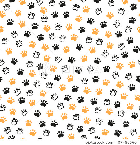 Seamless dog pattern with paw prints. Cat foots texture. Pattern with doggy pawprints. Dog texture. Hand drawn vector illustration in doodle style on white background Seamless dog pattern with paw prints. Cat foots texture. Pattern with doggy pawprints. Dog texture. Hand drawn vector illustration in doodle style on white background 87486566
