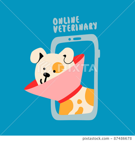 Online veterinary. Happy puppy in a protective cone. A disabled dog peeks out of a smartphone. Vector illustration. 87486678