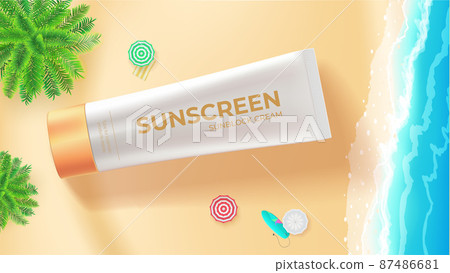Tube of sunscreen cream on beach, top down view. Tube of sunscreen cream on beach, top down view. 87486681