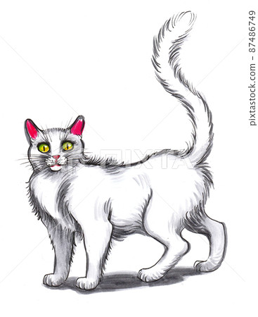 Walking white cat. Ink and watercolour drawing Walking white cat. Ink and watercolour drawing 87486749