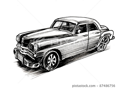 Vintage automobile. Ink black and white drawing 87486756