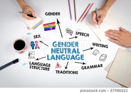 Gender Neutral Language Concept. The meeting at the white office table Gender Neutral Language Concept. The meeting at the white office table 87486822