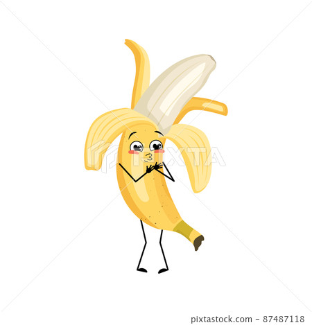 Banana character with love emotions, smile face, arms and legs. Person with happy expression, tropical fruit emoticon. Vector flat illustration Banana character with love emotions, smile face, arms and legs. Person with happy expression, tropical fruit emoticon. Vector flat illustration 87487118