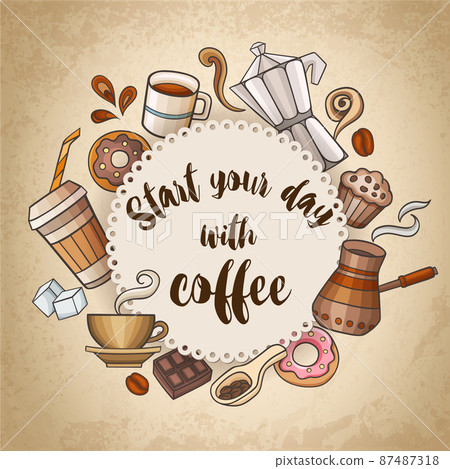 Vintage background with coffee and sweets. 87487318