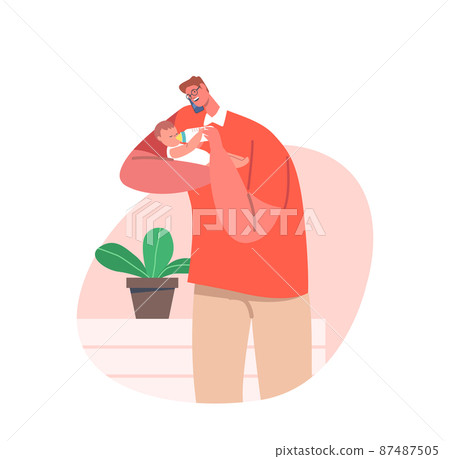 Dad Feed Newborn with Bottle Hold Baby on Hands. Single Father Character on Maternity Leave Raising Child Dad Feed Newborn with Bottle Hold Baby on Hands. Single Father Character on Maternity Leave Raising Child 87487505