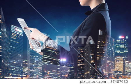 Double exposure concept with night city and woman Double exposure concept with night city and woman 87487680