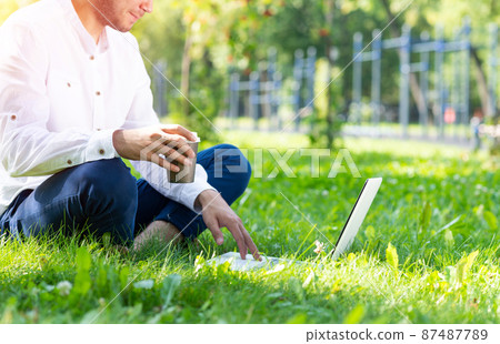 Businessman using laptop computer on green grass 87487789