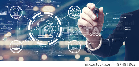 Smart industry concept with a man on city background 87487862