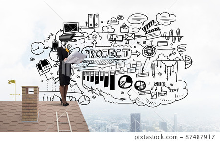 Concept of home security and privacy protection with camera headed woman Concept of home security and privacy protection with camera headed woman 87487917