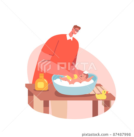 Father on Maternity Leave Washing Newborn Baby in Bath Tub. Loving Dad Character Care of Infant Lathering with Foam 87487998
