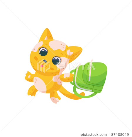 Cute cat running to school with backpack, flat vector illustration isolated. Cute cat running to school with backpack, flat vector illustration isolated. 87488049