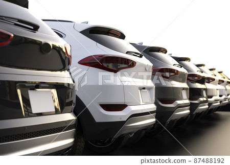 Cars parked in row on outdoor parking, back view 87488192