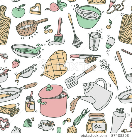 Kitchen utensil and food ingredients seamless pattern in doodle style, vector illustration on white background. 87488208