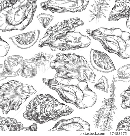 Seafood seamless pattern with oyster, lemon slice, rosemary and ice cubes - sketch vector illustration on white. Seafood seamless pattern with oyster, lemon slice, rosemary and ice cubes - sketch vector illustration on white. 87488375