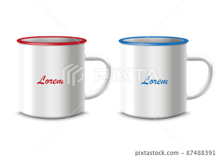 Enamel tin white mug or cup templates set realistic vector illustration isolated. Enamel tin white mug or cup templates set realistic vector illustration isolated. 87488391