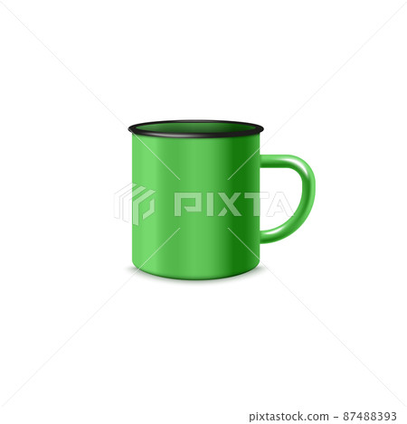 Realistic green enamel mug in 3d style, vector illustration isolated on white background. 87488393