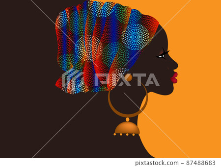 Afro hairstyle, beautiful portrait African woman in wax print fabric turban, ethnic tribal colorful head wrap for afro curly hair, banner template, vector isolated on orange background Afro hairstyle, beautiful portrait African woman in wax print fabric turban, ethnic tribal colorful head wrap for afro curly hair, banner template, vector isolated on orange background 87488683