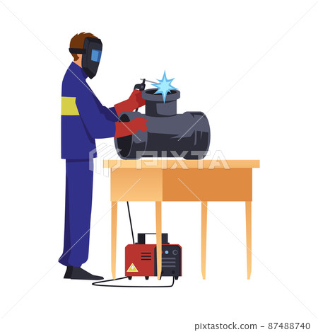 Welder welding metal pipe construction, flat vector illustration isolated. Welder welding metal pipe construction, flat vector illustration isolated. 87488740