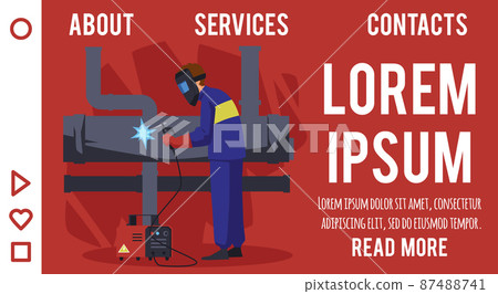 Website with welder working with fuel or gas pipeline flat vector illustration. 87488741
