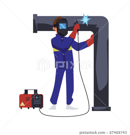 welding huge metal pipe, flat vector illustration isolated on white. 87488743