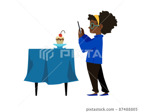 Child photographer taking pictures of food, flat vector illustration isolated. 87488805