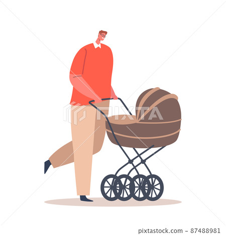 Man Walk With Child in Carriage Isolated on White Background. Dad on Maternity Leave, Single Father Concept, Young Dad 87488981