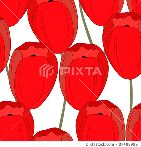 Spring colorful vector illustration with red tulips. Cartoon style. Design for fabric, textile, paper. Holiday print for Easter, Birthday, 8 march. Flowers with leaves 87488989